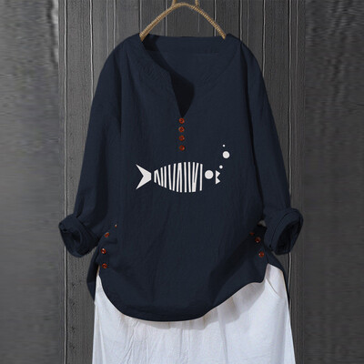 

Roseonmyhand Plus Size Women Long Sleeve V-Neck Printed Cotton And Linen Tops Casual Blouse