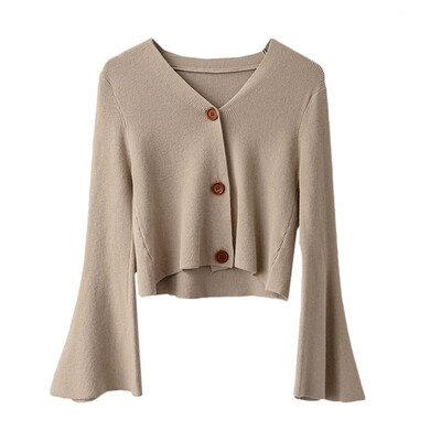 

Sweaters For Female Autumn Cardigan Trumpet Sleeve Knitted Solid Color Loose Sweaters Harajuku Sweet Women Jumpers