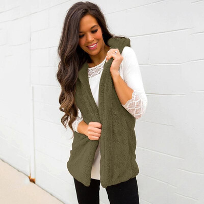 

Women Faux Fur Fleece Vest Fluffy Hairy Solid Hooded Open Front Sleeveless Casual Loose Warm Jacekt