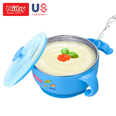 

Nuby childrens cutlery set stainless steel water insulation bowl newborn baby anti-fall training sucker bowl infant food supplement bowl blue - monkey American brand