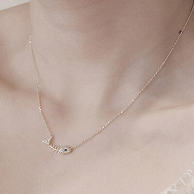 

Usable Women Girls Fashion Silver Rhinestone Fish Bone Design Pendant Necklace Personality Jewelry