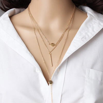

New Fashion Style Alloy Metal Bar Pendant 3 Layers Chain Necklace Chunky Women Statement Choker Necklaces Women Jewelry