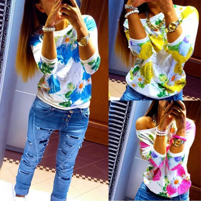 

New Womens Floral Long Sleeve Tee T-Shirt Casual Round Neck Casual Tops Blouse