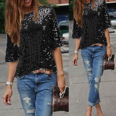 

Ladies Sloping Shoulder Glistening Sequin Slim Shirt Tops Blouses Women T Shirts