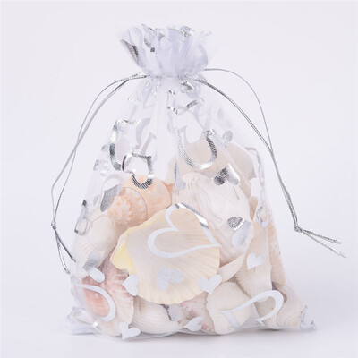 

PH PANDAHALL 100 Pcs White Heart Printed Organza Gift Bag Pouches