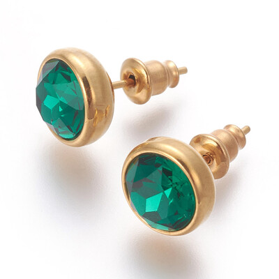 

304 Stainless Steel Ear Studs with Cubic Zirconia Flat Round Golden Teal 10x17mm Pin 07mm