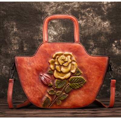 

Women Retro Shoulder Embossed Messenger Cross Body Handbag Tote National Style Top Handle Bags Female Brush Genuine Leather Bag