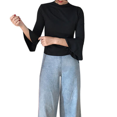 

T Shirt Women Autumn Slim Long Flare Sleeve Plain Cotton Elastic Basic T-shirts Female Casual Tops Elegant Solid