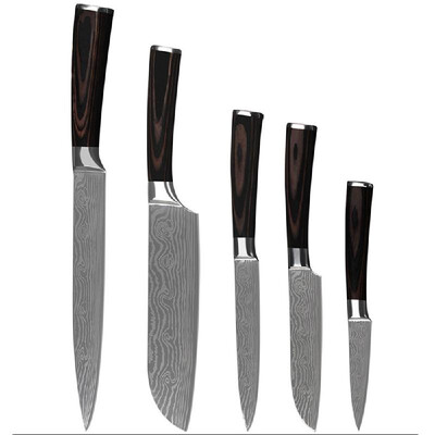 

Stainless steel dark brown color wooden handle big wave Damascus peel universal 5 piece set kitchen cutter