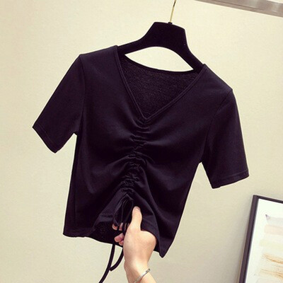 

Womens Slim Fit Lace Up T-shirt Solid Tops Short Sleeve Drawstring V-neck Shirts