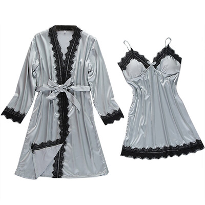 

Toponeto Women Sexy Satin Fashion Lace Patchwork Sleepwear Sling Robe Long Sleeve Set