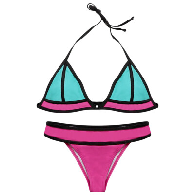 

Halter Neck Backless Padded Color Blocking Low Waist Swimsuit Women Bikini Set