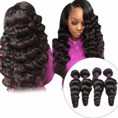 

4 Bundles Loose Wave Peruvian Hair Weave Bundles Deals 8-28 Inch Natural Black Non Remy Human Hair Extensions