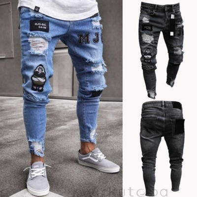 

New Men Slim Moto Biker Denim Jeans Skinny Frayed Pant Distressed Rip Trourser