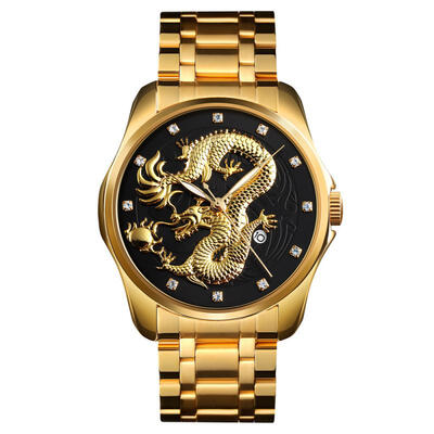 

SKMEI 9193 Dragon Totem Quartz Wristwatch Business Calendar Watch With Stainless Steel Strap For Men
