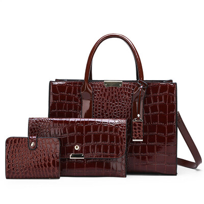 

3 pieces set of luxury patent leather handbags crocodile pattern ladies PU large shoulder slung clutch bag purse handbag