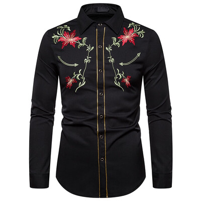 

Tailored Mens Leisure Fashion Embroidery Printing Lapel Long Sleeve Shirt Top Blouse