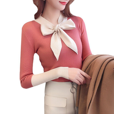 

Sweet Sweater Women Autumn New Bow Decoration Casual Sweater V Neck Long Sleeve Stitching Design Knitted Pullover Sweater