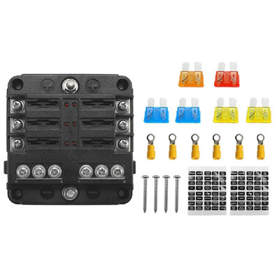 

32V Plastics Cover Fuse Box Holder M5 Stud With LED Indicator Light 6 Ways Blade for Auto Car Boat Marine Trike