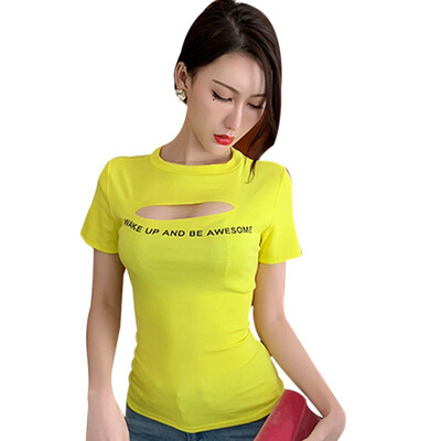 

Womens Sexy Hollow Out T-Shirt Round Neck Letter Print Short Sleeve Sexy Pullover Casual Shirt Fashion
