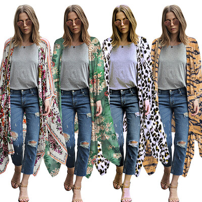 

New Women Chiffon Kimono Cardigan Floral Leopard Print Asymmetric Boho Loose Outerwear Beachwear Bikini Cover Up