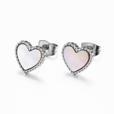 

304 Stainless Steel Stud Earrings with Shell Heart Stainless Steel Color 9x10x2mm Pin 08mm