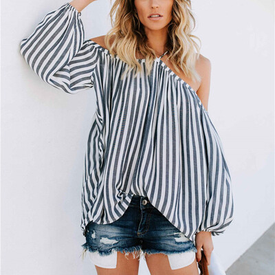 

Womens Sexy Tops T-Shirt Lantern Sleeve Casual Loose Stripe Hanging Neck Shirt