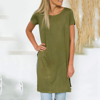 

Nomeni Womens Casual Short Sleeve O-Neck T-Shirt Split Hem Loose Long Tops Blouse