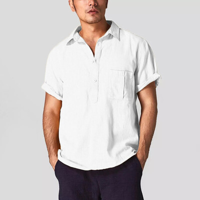 

Toponeto Mens Baggy Cotton Linen Solid Color Short Sleeve Retro T Shirts Tops Blouse