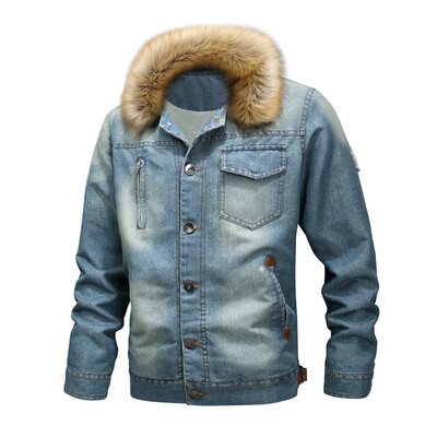 

Toponeto Men Fur Neck Autumn Winter Vintage Distressed Demin Jacket Tops Coat Outwear
