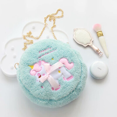 

New Round Candy Color Cartoon Plush Unicorn Shoulder Bag Unicorn Chain Bag Women Plush Round Shoulder Bag Girl Kids Crossbody Bag
