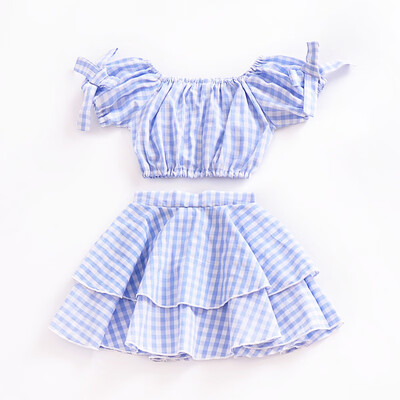 

Baby Girl Plaid Off Shoulder Clothing suits Kids Crop Top Skirt Outfits Clothes Summer Blue set