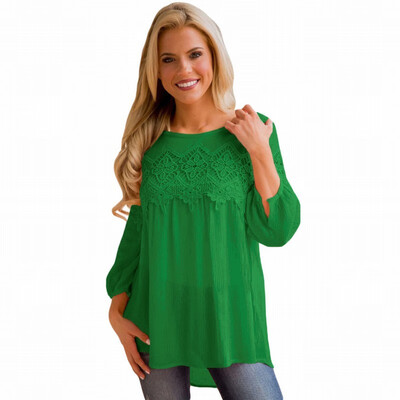 

Solid color lace round neck long sleeve lace crochet knit casual straight top