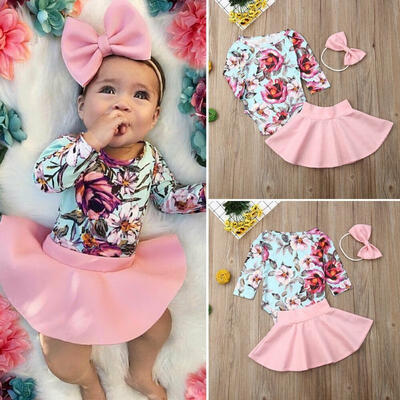 

Infants Baby Girl Pink Skirt Clothes 3 Pieces Set Floral Long Sleeve Bodysuits Tops Toddler Rompers Headband Outfits New Cute