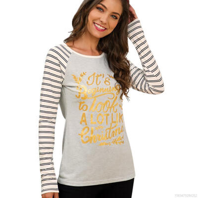 

Women T-shirt Letter Print Stitch Stripe Long Sleeve Christmas Loose T-Shirt