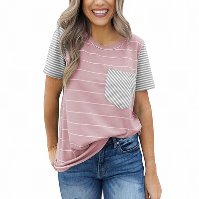 

Striped regular T-shirt womens contrast color V-neck short-sleeved shirt