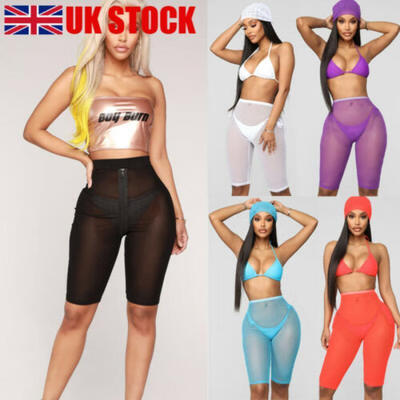 

UK Womens See Through Fishnet Shorts Leggings Mesh Pants Sheer Bikini Cover Up