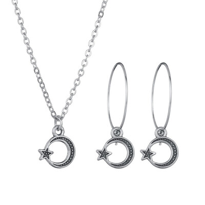 

Vintage Earrings Necklace Set Lady Personality Charm Fashion Jewelry Set Silver Moon Star Owl Necklace Punk Mens Jewelry