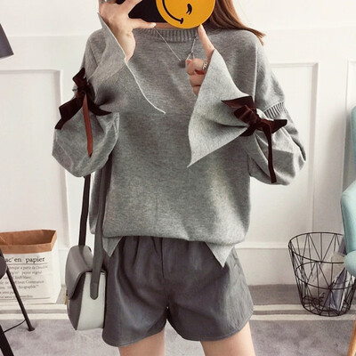 

Sweater Women Casual Slim Autumn Spring Knitted Sweater Lace Up Flare Long Sleeve Ruffle Knitting Pullover Female Sweaters