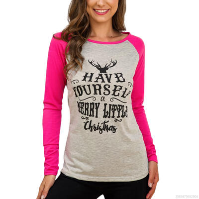 

Women Christmas T-shirt Letter Printed Round Neck Long-sleeved Large Size Loose T-shirt