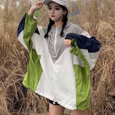 

Women Windbreaker Jacket Hooded Jacket Female Multicolor Patchwork Basic Jackets Color Block Coats For Girl Oversize