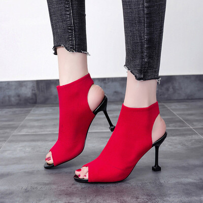 

Rose Womens Fish Mouth Open Toe Stiletto Shoes Stretch Knit High Heels Roman Shoes