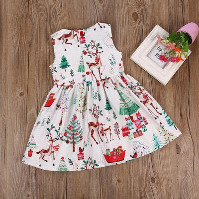 

Toddler Baby Girls Christmas Sleeveless Dress Cartoon Deer Floral Print Clothes 1307-8 Years