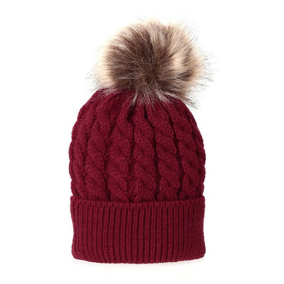 

Mom Baby Kid Warm Raccoon Fur Bobble Beanie Cotton Knitted Parent-Child Hat