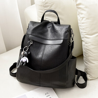 

Double shoulder bag female Korean version of trendy schoolbag 100 fashion PU soft leather travel bag leisure lady backpack