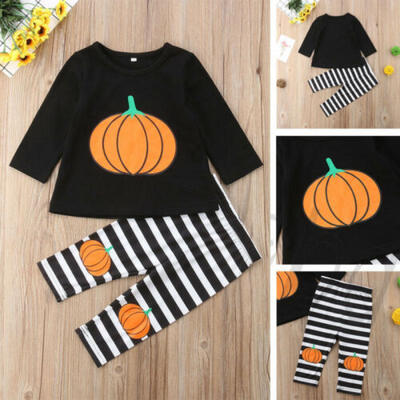 

Fashion Kids Baby Girls Halloween Pumpkin Tops Striped Pants Outfits Clothes