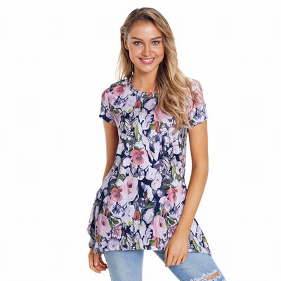 

Round neck short sleeve floral print side shirt retro top