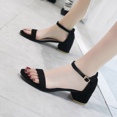 

One-word buckle sandals Women Summer Korean version fairy shoes with middle heel tie&butterfly knot high heels