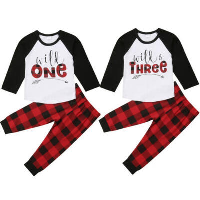 

UK 2Pcs Toddler Kids Baby Boy Outfits Clothes Plaid T-Shirt TopsLong Pants Set