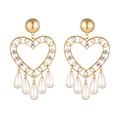 

Love Heart Rhinestone Inlaid Faux Pearl Dangle Women Statement Stud Earrings